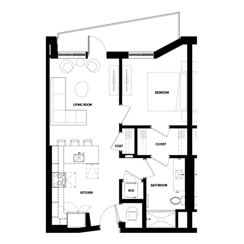 Floor plan for 1 bed, 1 bath, 691 sqft